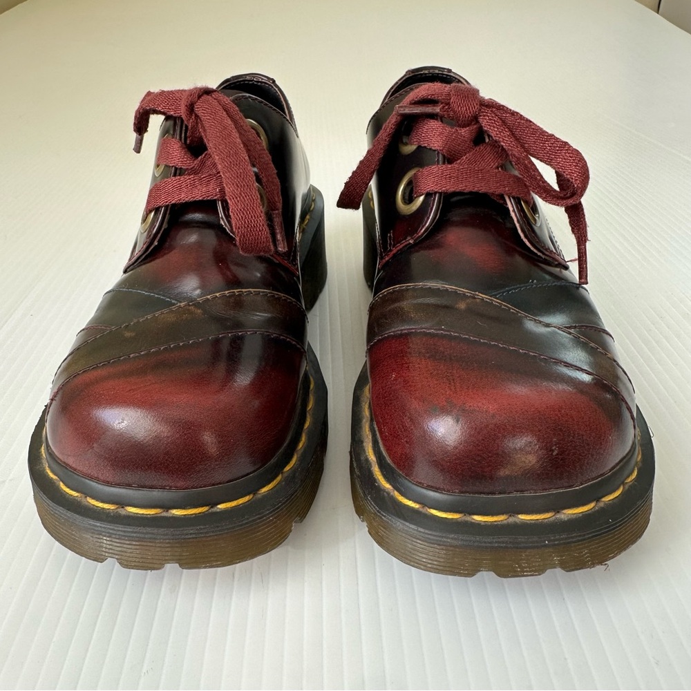 Dr. Martens Burgundy Red Platform Shoes with Yellow Stitching - Picture 8 of 15